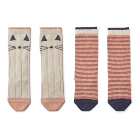 2 paires de chaussettes hautes en coton Sofia Cat/stripe coral blush 2 paires de chaussettes hautes en coton Sofia Cat/stripe coral blush